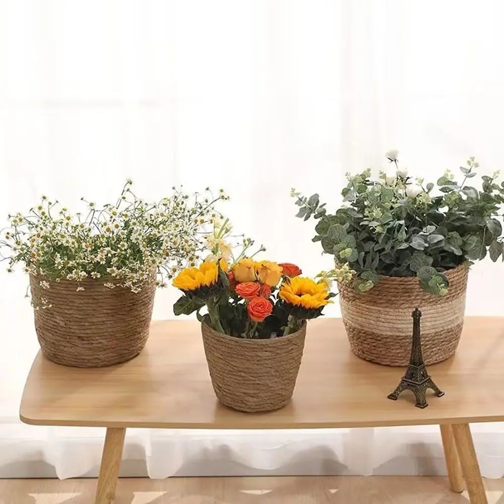 1 pieza para terrazas de jardín, maceta de ratán, cesta de paja, maceta tejida de hierba, decoración de muebles, tamaño mini/pequeño/grande.
