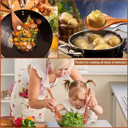 Cuchara de cocina de teca natural, espátula de madera para cocina, juego de utensilios antiadherentes con ganchos para colgar, juego de utensilios de cocina