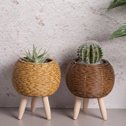 Vaso da fiori in rattan intrecciato alla moda, fioriere creative con gambe rimovibili, resistente supporto per piante intrecciato a mano