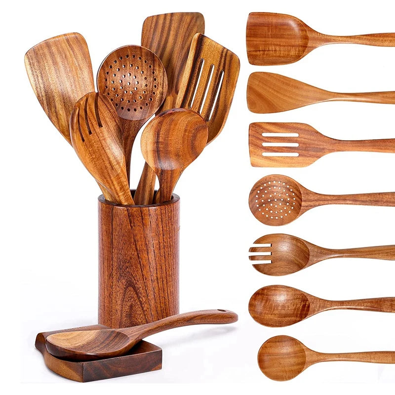 Cuchara de cocina de teca natural, espátula de madera para cocina, juego de utensilios antiadherentes con ganchos para colgar, juego de utensilios de cocina