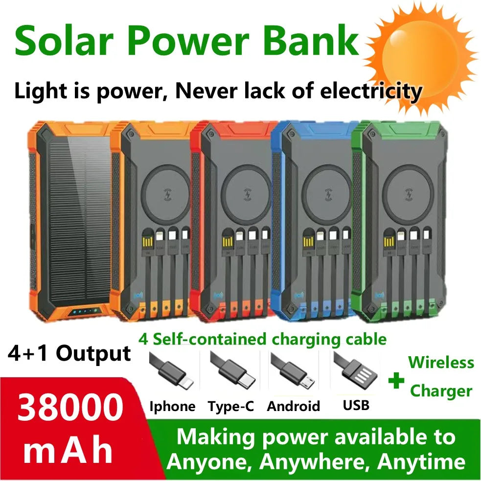 Solar Power Bank with Wireless Charging & Built-In Cables