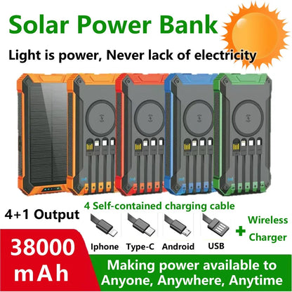 Solar Power Bank with Wireless Charging & Built-In Cables