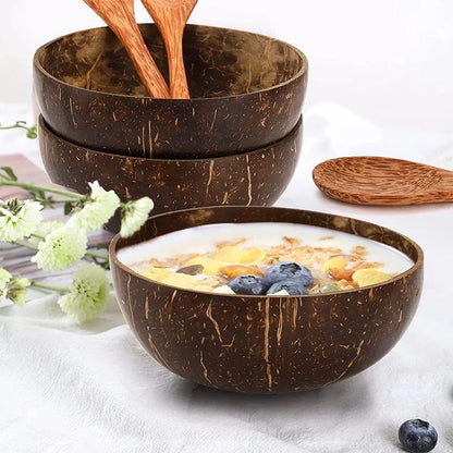 Cuencos de coco natural para servir platos, cuencos de madera reutilizables, cucharas de madera, cuencos de cáscara de coco natural, juego de vajilla de cocina