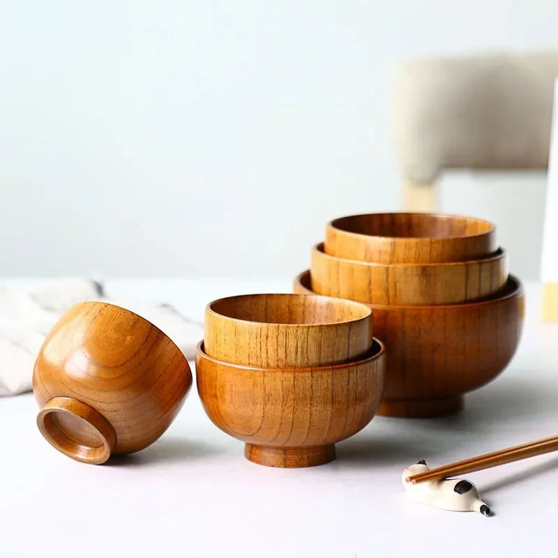 Cuenco de madera natural, cuenco japonés de madera para sopa de arroz, ensaladera, recipiente para comida, cuenco grande y pequeño para niños, vajilla de madera.