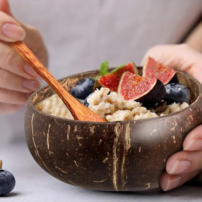 Cuencos de coco natural para servir platos, cuencos de madera reutilizables, cucharas de madera, cuencos de cáscara de coco natural, juego de vajilla de cocina