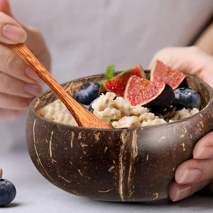 Cuencos de coco natural para servir platos, cuencos de madera reutilizables, cucharas de madera, cuencos de cáscara de coco natural, juego de vajilla de cocina