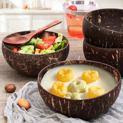 Cuencos de coco natural para servir platos, cuencos de madera reutilizables, cucharas de madera, cuencos de cáscara de coco natural, juego de vajilla de cocina