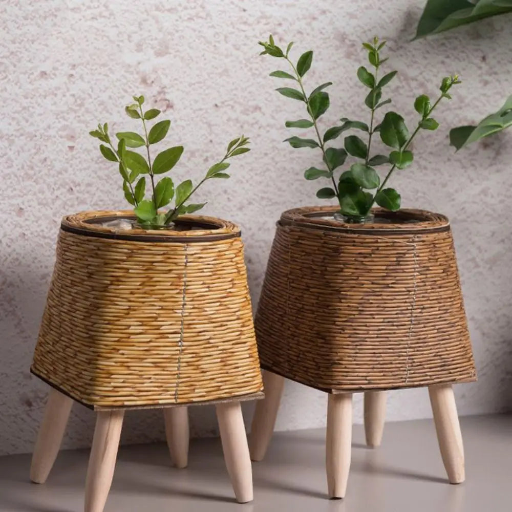 Vaso da fiori in rattan intrecciato alla moda, fioriere creative con gambe rimovibili, resistente supporto per piante intrecciato a mano