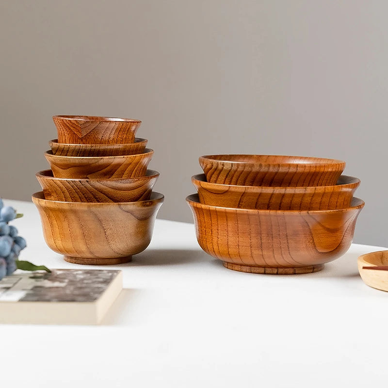 5 Sizes Wooden Rice Soup Bowls Japanese Style Natural Food Container for Fruit Salad Noodle Anti-scalding Eco-friendly Tableware