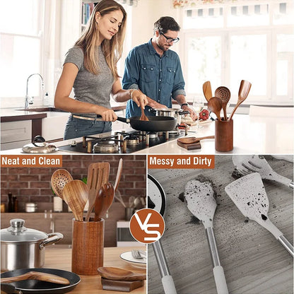 Cuchara de cocina de teca natural, espátula de madera para cocina, juego de utensilios antiadherentes con ganchos para colgar, juego de utensilios de cocina