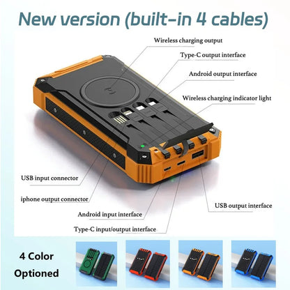 Solar Power Bank with Wireless Charging & Built-In Cables