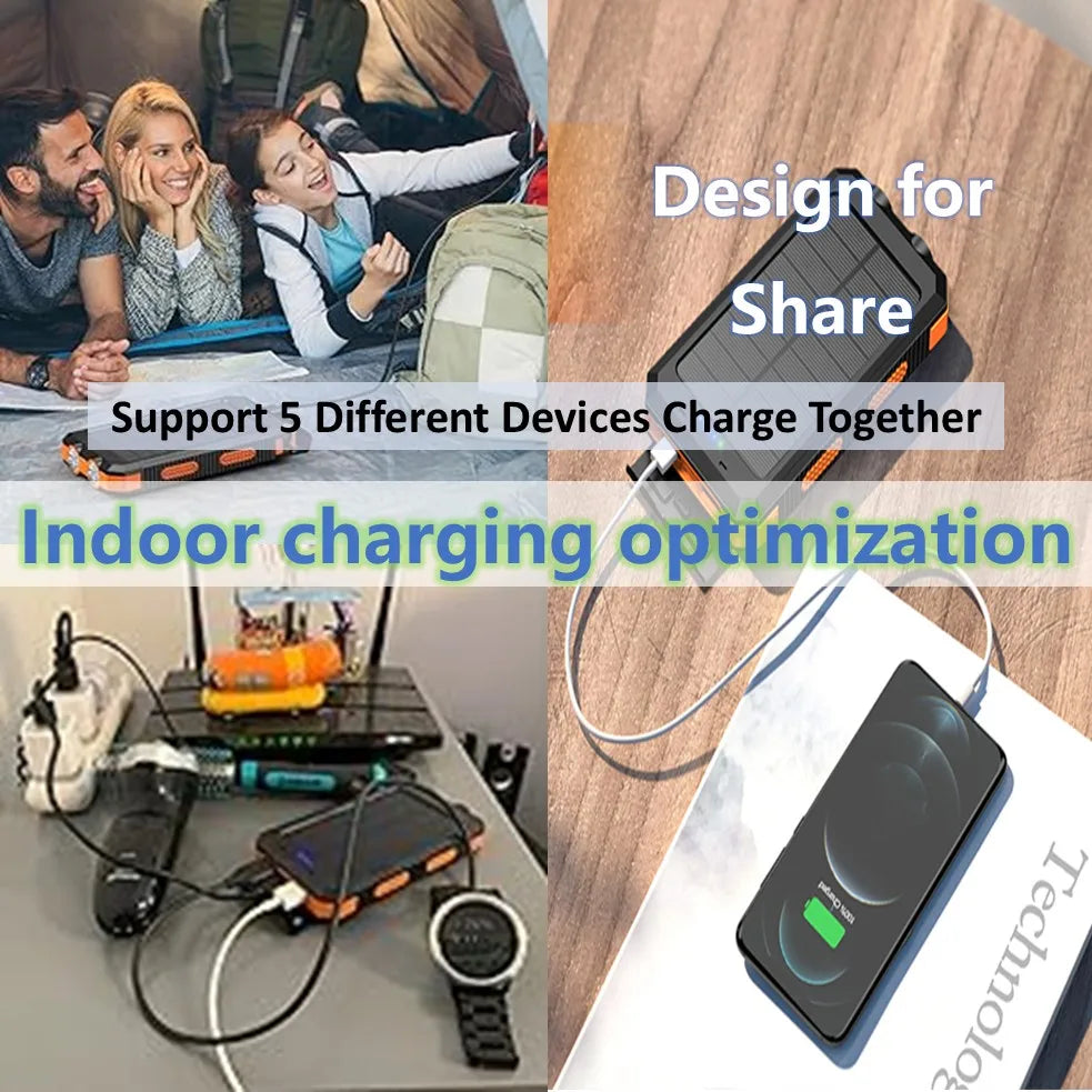 Solar Power Bank with Wireless Charging & Built-In Cables