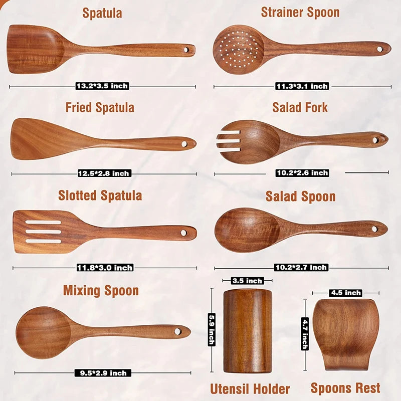 Cuchara de cocina de teca natural, espátula de madera para cocina, juego de utensilios antiadherentes con ganchos para colgar, juego de utensilios de cocina
