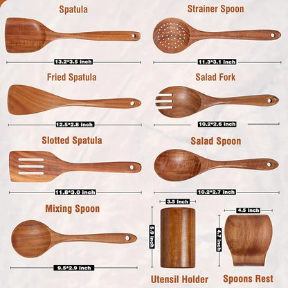 Cuchara de cocina de teca natural, espátula de madera para cocina, juego de utensilios antiadherentes con ganchos para colgar, juego de utensilios de cocina