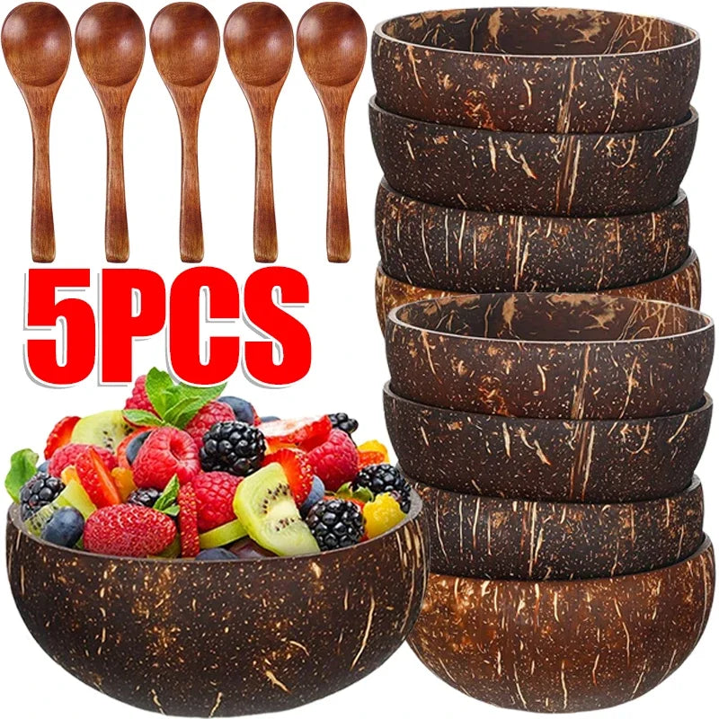 Cuencos de coco natural para servir platos, cuencos de madera reutilizables, cucharas de madera, cuencos de cáscara de coco natural, juego de vajilla de cocina