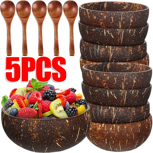 Cuencos de coco natural para servir platos, cuencos de madera reutilizables, cucharas de madera, cuencos de cáscara de coco natural, juego de vajilla de cocina