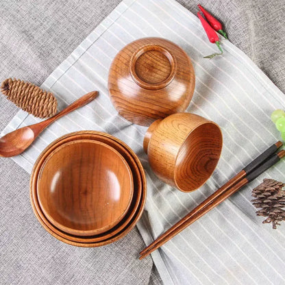 Cuencos de madera japoneses de azufaifo para niños, bebés y adultos, cuencos pequeños para sopa, cuencos de ensalada de madera maciza, vajilla retro para el hogar.