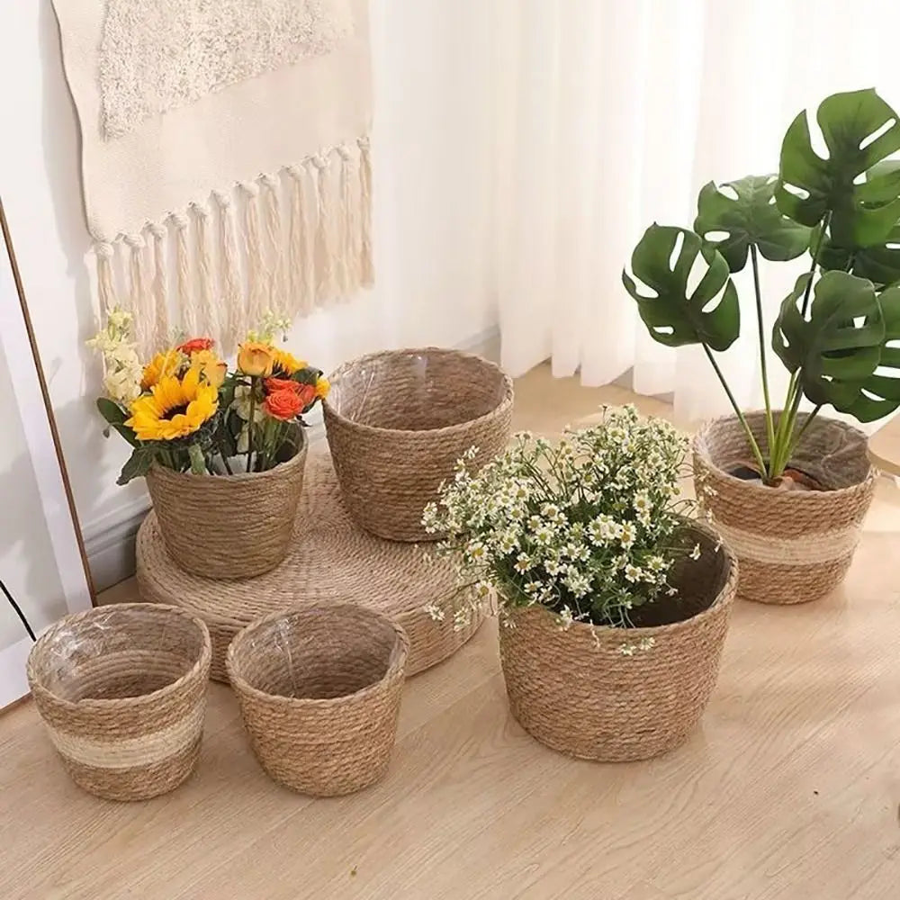 1 pieza para terrazas de jardín, maceta de ratán, cesta de paja, maceta tejida de hierba, decoración de muebles, tamaño mini/pequeño/grande.