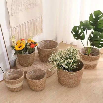 1 pieza para terrazas de jardín, maceta de ratán, cesta de paja, maceta tejida de hierba, decoración de muebles, tamaño mini/pequeño/grande.