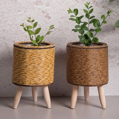 Vaso da fiori in rattan intrecciato alla moda, fioriere creative con gambe rimovibili, resistente supporto per piante intrecciato a mano