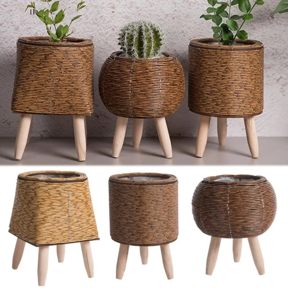 Vaso da fiori in rattan intrecciato alla moda, fioriere creative con gambe rimovibili, resistente supporto per piante intrecciato a mano