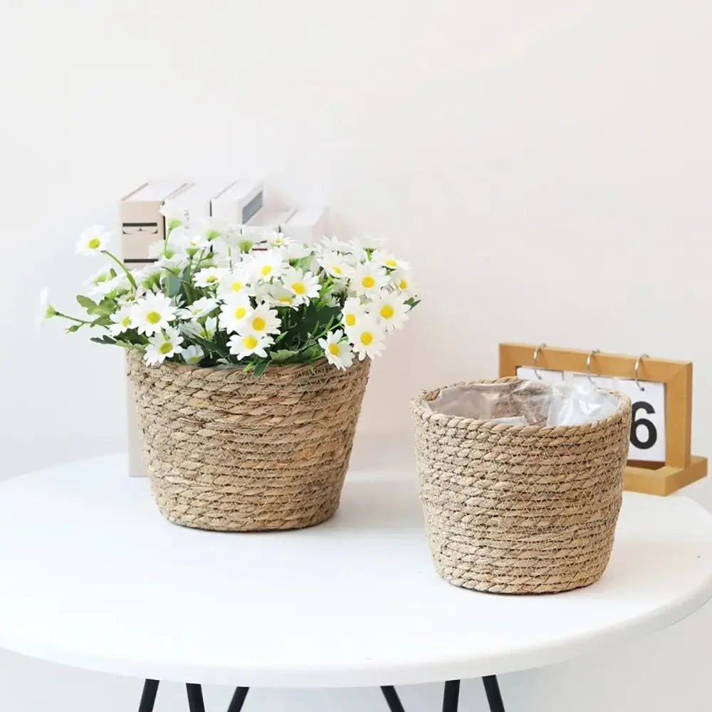 1 pieza para terrazas de jardín, maceta de ratán, cesta de paja, maceta tejida de hierba, decoración de muebles, tamaño mini/pequeño/grande.