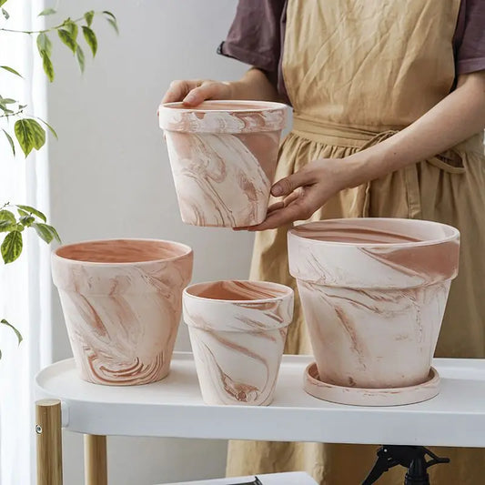 Creative Large Caliber Planter with Tray Retro Gradient Color Coarse Clay Flower Pot Home Living Room Garden Courtyard Decor 1Pc