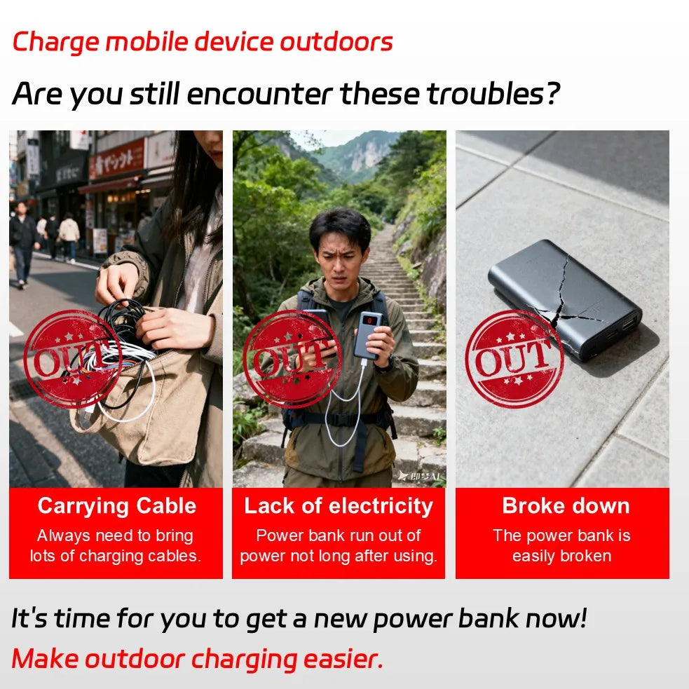 Solar Power Bank with Wireless Charging & Built-In Cables