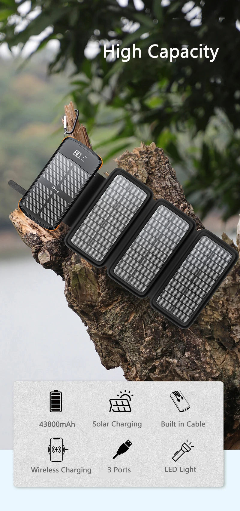 Foldable Solar Power Bank with 4 Solar Panels & Wireless Fast Charging