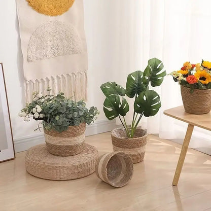 1 pieza para terrazas de jardín, maceta de ratán, cesta de paja, maceta tejida de hierba, decoración de muebles, tamaño mini/pequeño/grande.