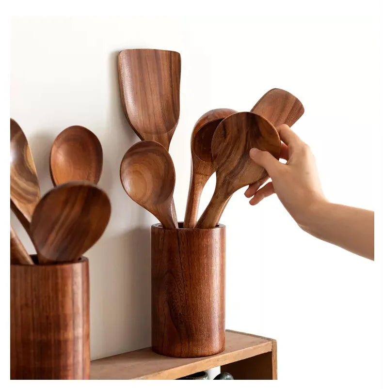 Cuchara de cocina de teca natural, espátula de madera para cocina, juego de utensilios antiadherentes con ganchos para colgar, juego de utensilios de cocina
