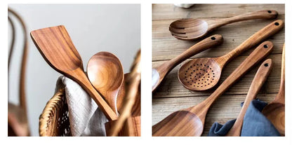 Cuchara de cocina de teca natural, espátula de madera para cocina, juego de utensilios antiadherentes con ganchos para colgar, juego de utensilios de cocina