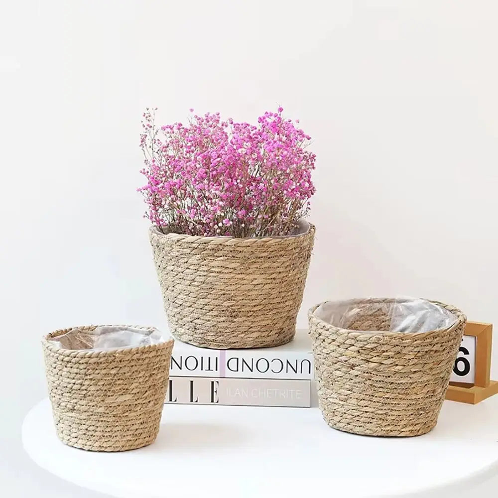 1 pieza para terrazas de jardín, maceta de ratán, cesta de paja, maceta tejida de hierba, decoración de muebles, tamaño mini/pequeño/grande.