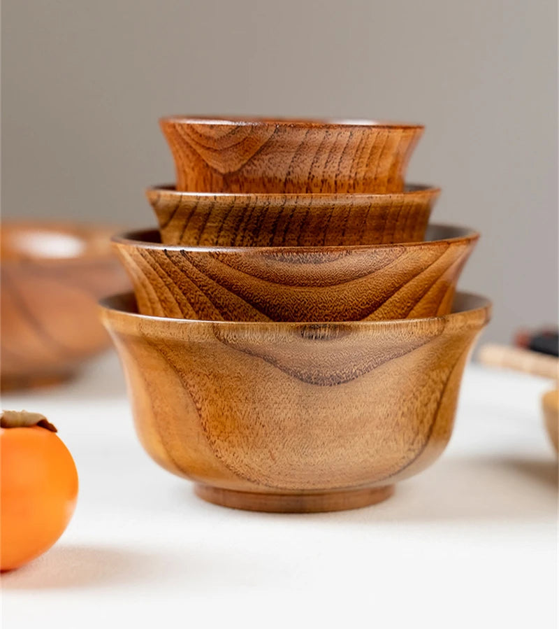 5 Sizes Wooden Rice Soup Bowls Japanese Style Natural Food Container for Fruit Salad Noodle Anti-scalding Eco-friendly Tableware
