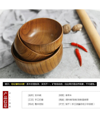 Cuencos de madera japoneses de azufaifo para niños, bebés y adultos, cuencos pequeños para sopa, cuencos de ensalada de madera maciza, vajilla retro para el hogar.
