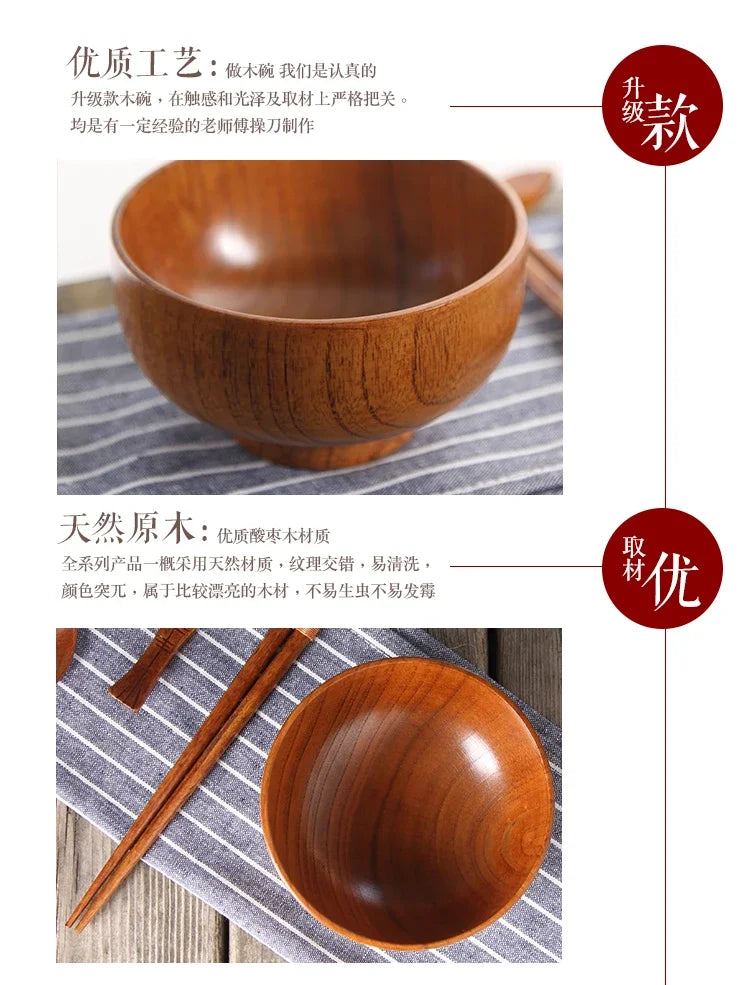 Cuencos de madera japoneses de azufaifo para niños, bebés y adultos, cuencos pequeños para sopa, cuencos de ensalada de madera maciza, vajilla retro para el hogar.