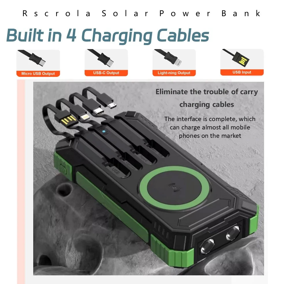 Solar Power Bank with Wireless Charging & Built-In Cables
