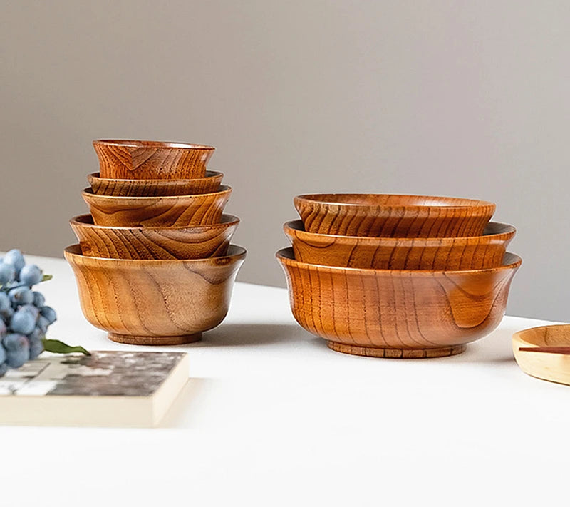 5 Sizes Wooden Rice Soup Bowls Japanese Style Natural Food Container for Fruit Salad Noodle Anti-scalding Eco-friendly Tableware