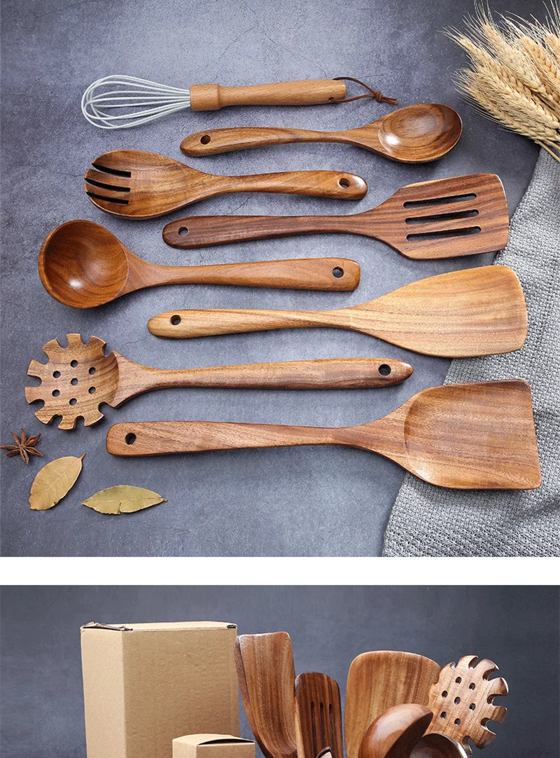 Cuchara de cocina de teca natural, espátula de madera para cocina, juego de utensilios antiadherentes con ganchos para colgar, juego de utensilios de cocina