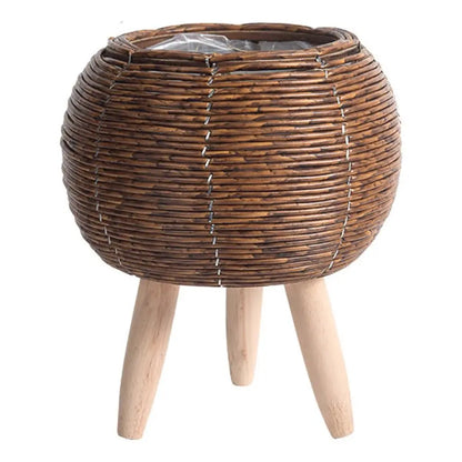 Vaso da fiori in rattan intrecciato alla moda, fioriere creative con gambe rimovibili, resistente supporto per piante intrecciato a mano