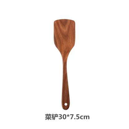 Cuchara de cocina de teca natural, espátula de madera para cocina, juego de utensilios antiadherentes con ganchos para colgar, juego de utensilios de cocina