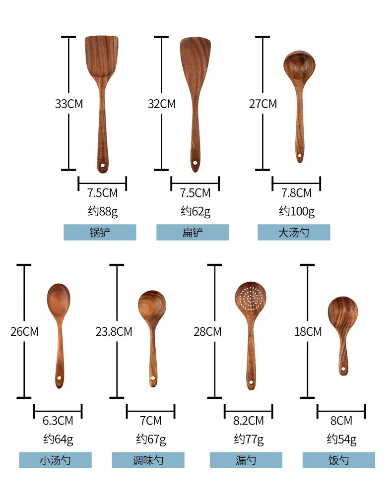 Cuchara de cocina de teca natural, espátula de madera para cocina, juego de utensilios antiadherentes con ganchos para colgar, juego de utensilios de cocina