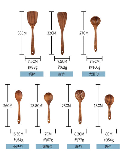 Cuchara de cocina de teca natural, espátula de madera para cocina, juego de utensilios antiadherentes con ganchos para colgar, juego de utensilios de cocina
