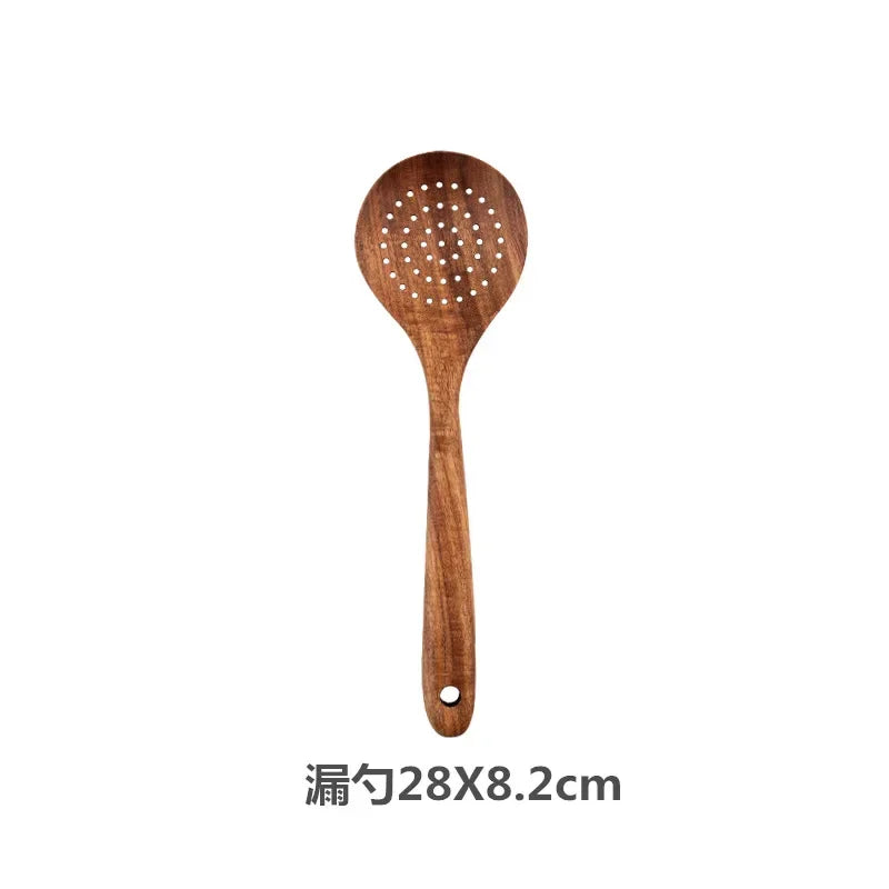 Cuchara de cocina de teca natural, espátula de madera para cocina, juego de utensilios antiadherentes con ganchos para colgar, juego de utensilios de cocina
