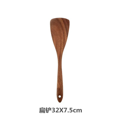 Cuchara de cocina de teca natural, espátula de madera para cocina, juego de utensilios antiadherentes con ganchos para colgar, juego de utensilios de cocina