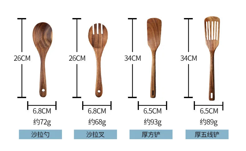 Cuchara de cocina de teca natural, espátula de madera para cocina, juego de utensilios antiadherentes con ganchos para colgar, juego de utensilios de cocina