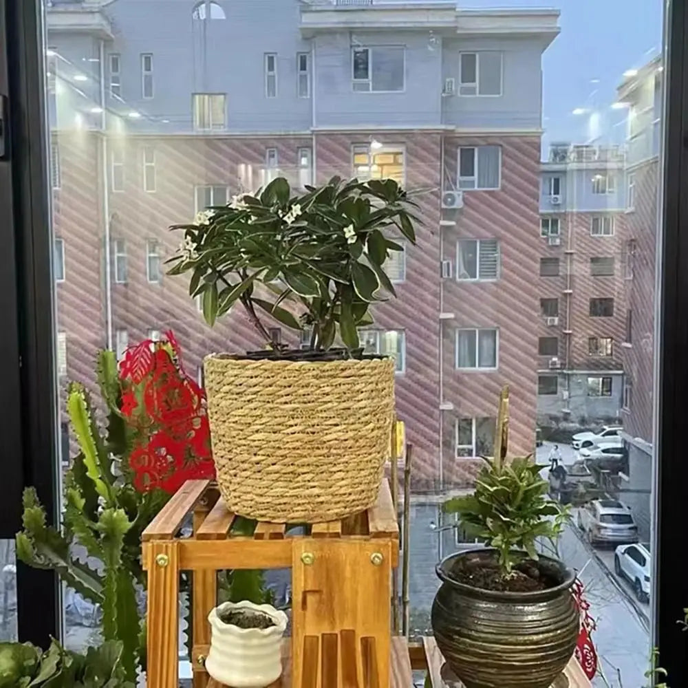 1 pieza para terrazas de jardín, maceta de ratán, cesta de paja, maceta tejida de hierba, decoración de muebles, tamaño mini/pequeño/grande.