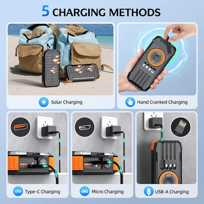 Solar Emergency Power Bank with Hand Crank & Wireless Charging
