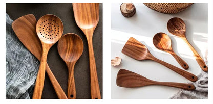 Cuchara de cocina de teca natural, espátula de madera para cocina, juego de utensilios antiadherentes con ganchos para colgar, juego de utensilios de cocina