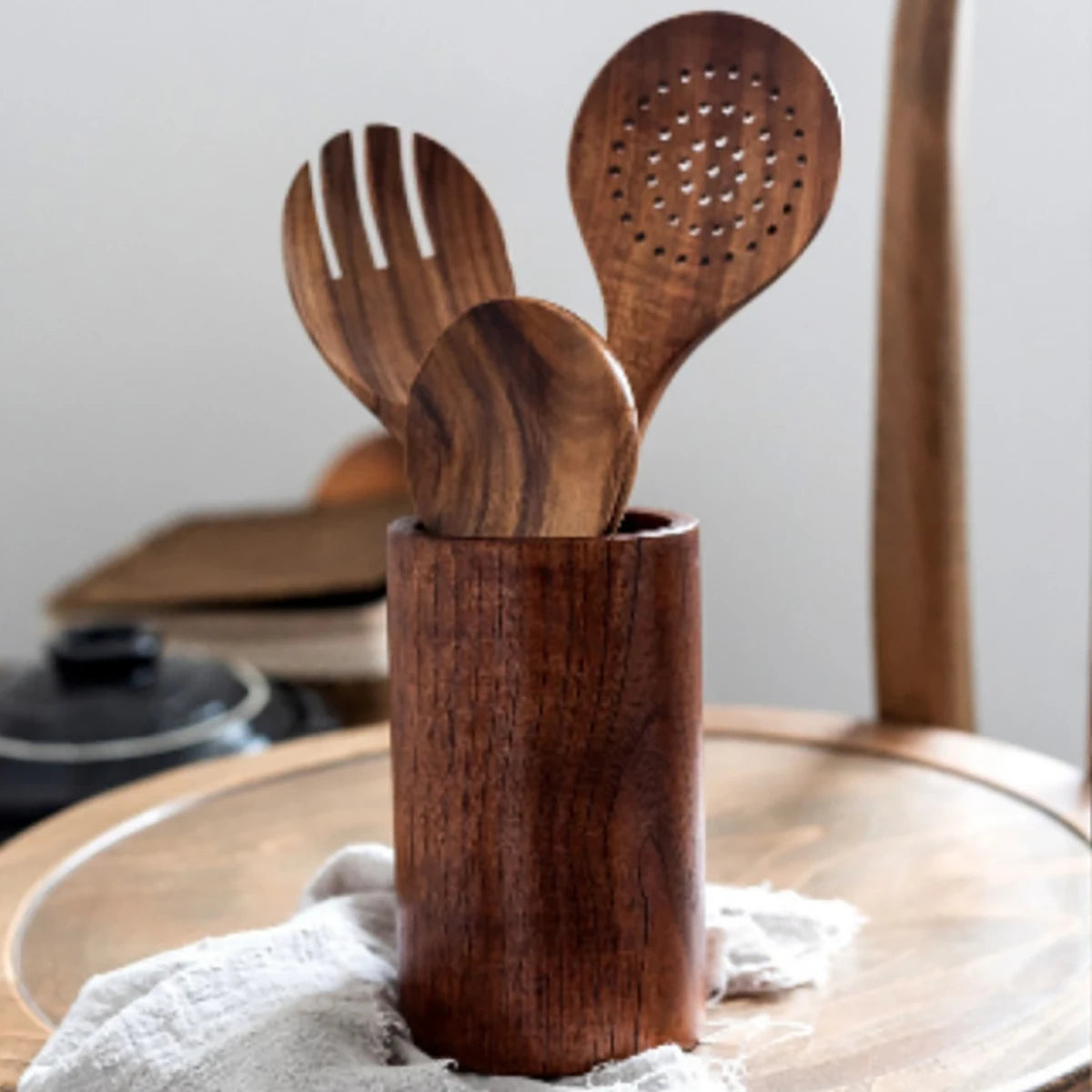 Juego de utensilios de cocina de madera, espátula para el hogar, cuchara, tenedor, cuchara para mezclar, juego de cocina para hornear con cubo de almacenamiento